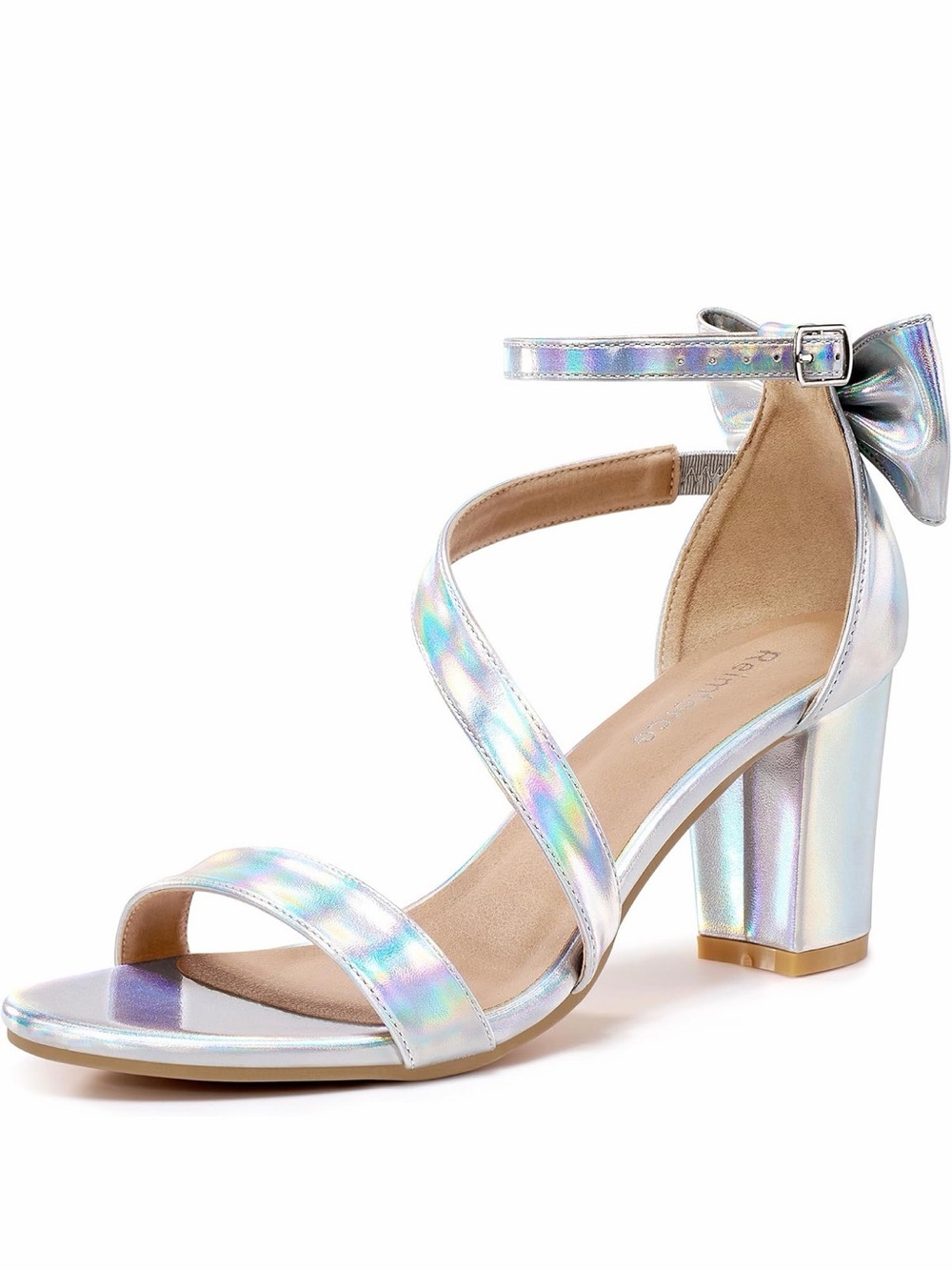 Iridescent Ankle-Strap Block Heels - Silver